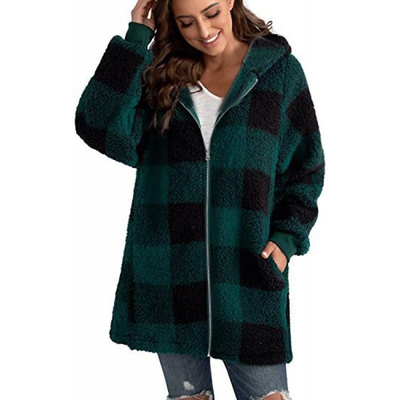 Blousons Femmes Décontracté Printemps / Automne Plaid Zip Sweat-shirt à Capuche Naturel Micro-élasticité Ample Régulier