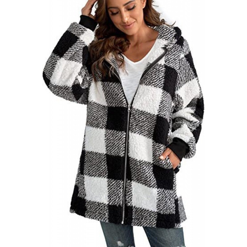 Blousons Femmes Décontracté Printemps / Automne Plaid Zip Sweat-shirt à Capuche Naturel Micro-élasticité Ample Régulier