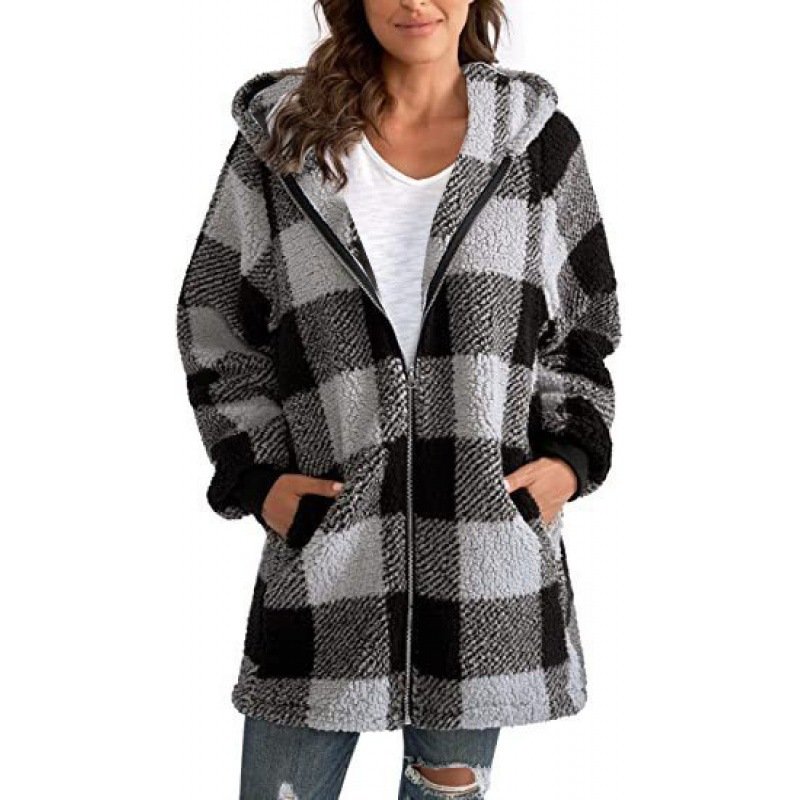 Blousons Femmes Décontracté Printemps / Automne Plaid Zip Sweat-shirt à Capuche Naturel Micro-élasticité Ample Régulier