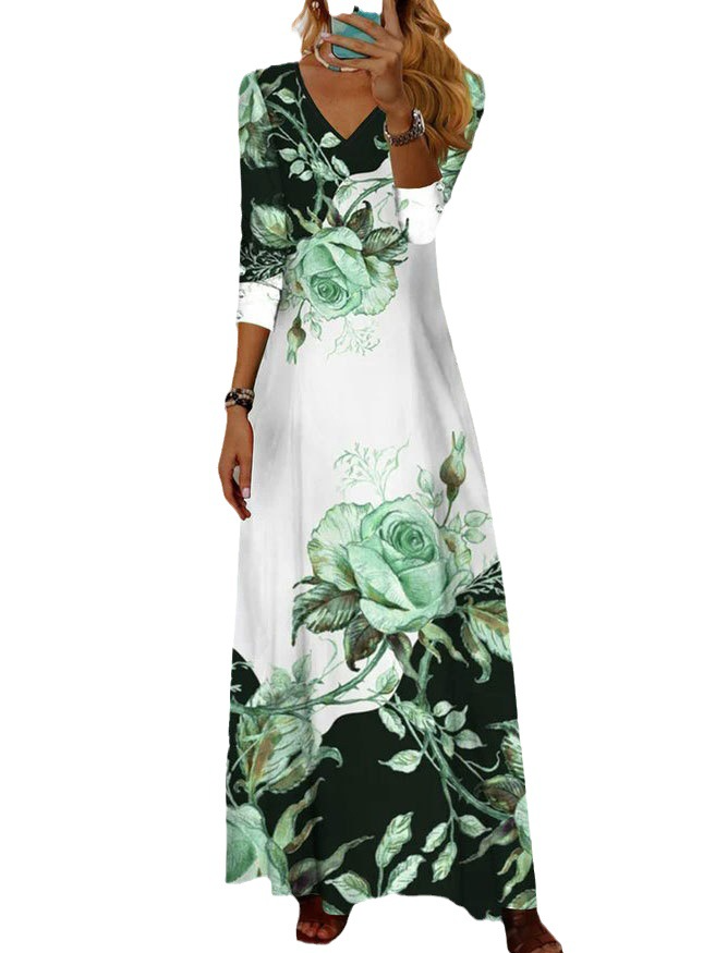 Robes Décontracté Floral Printemps / Automne Col V Naturel Jersey Maxi Manches Longues Régulier pour Femmes