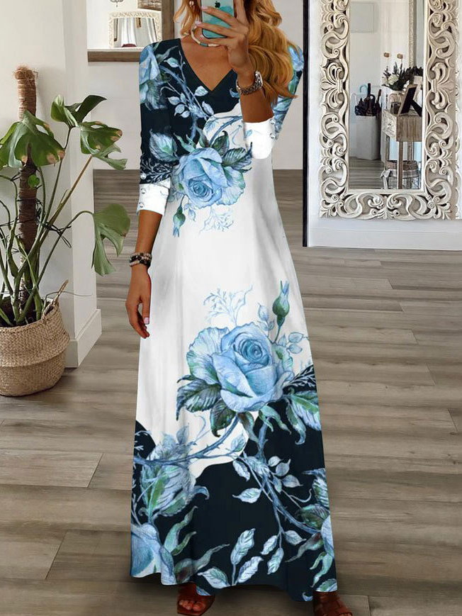 Robes Décontracté Floral Printemps / Automne Col V Naturel Jersey Maxi Manches Longues Régulier pour Femmes