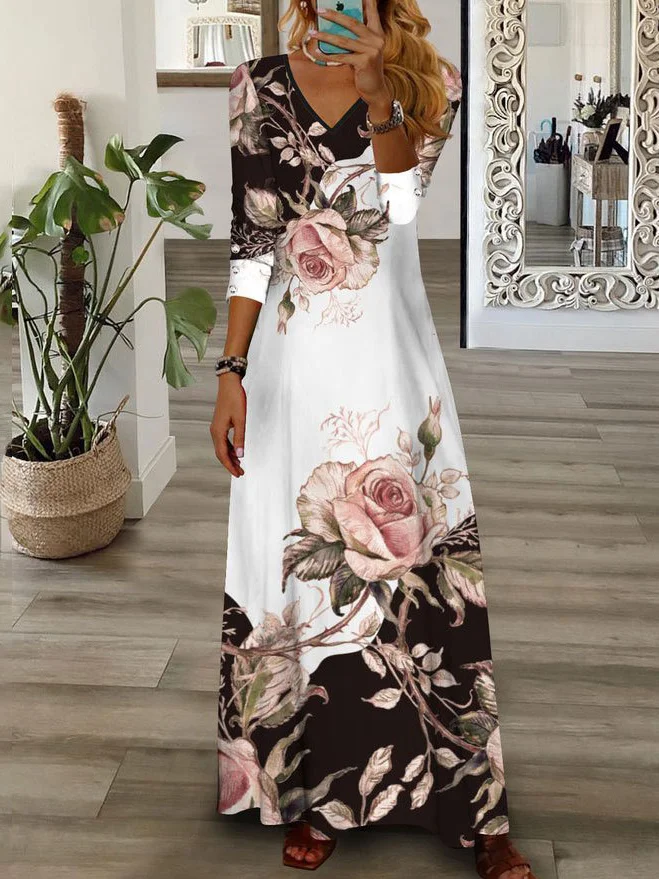 Robes Décontracté Floral Printemps / Automne Col V Naturel Jersey Maxi Manches Longues Régulier pour Femmes