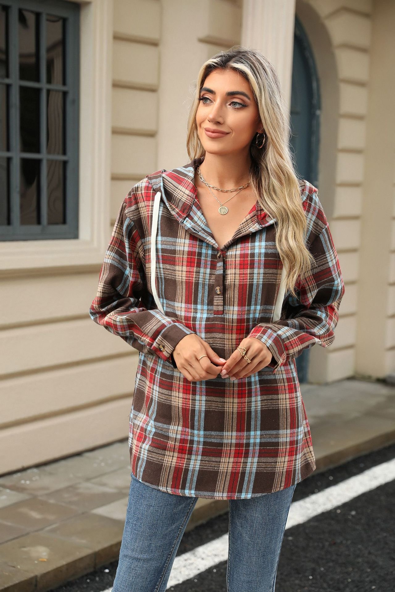 à Capuche Décontracté Printemps / Automne Plaid Polyester Sweat-shirt à Capuche Naturel Mi-long Boucle Régulier pour Femmes