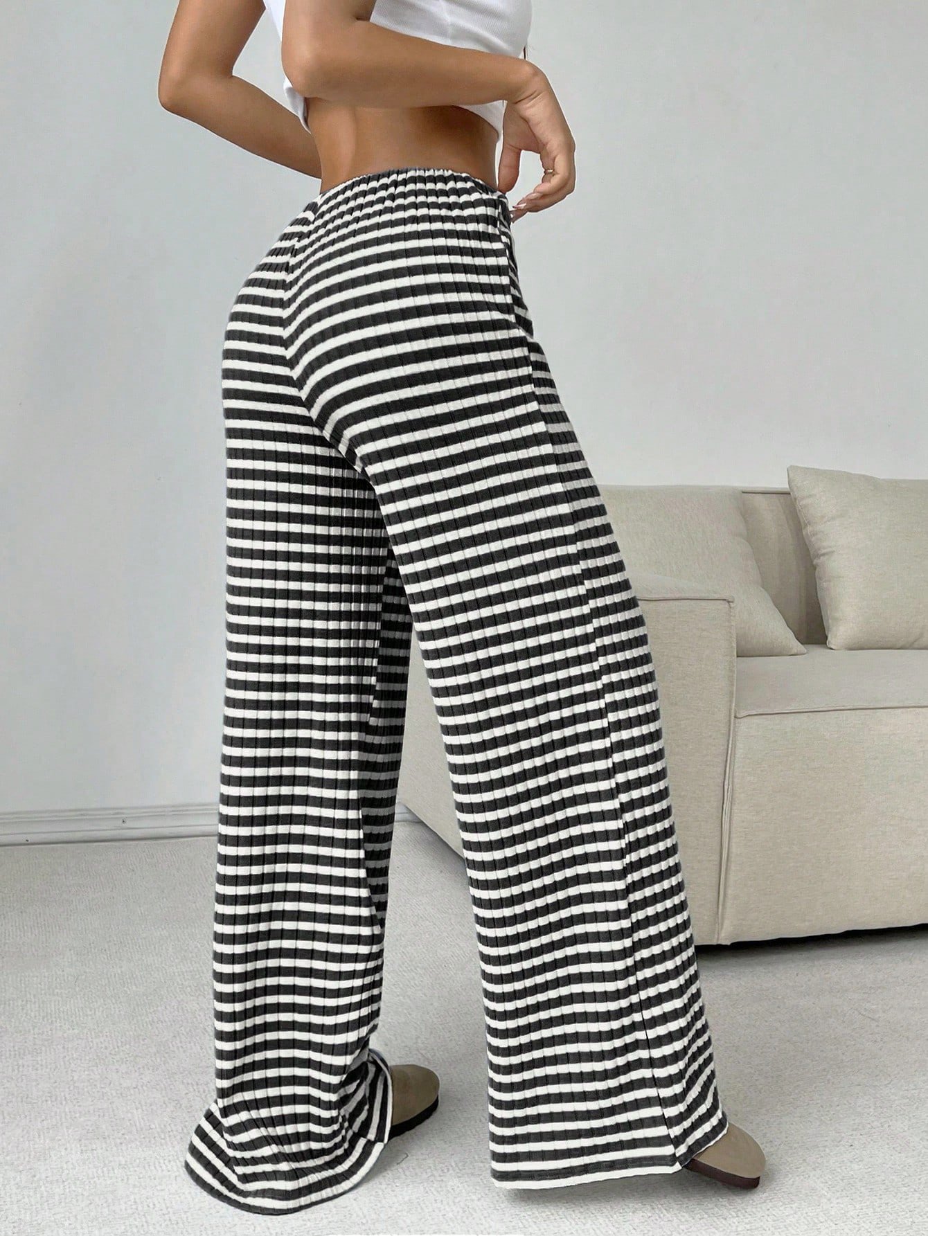 Pantalons Femmes Rayé Décontracté Printemps / Automne Naturel Micro-élasticité Quotidien Ample Droit Régulier