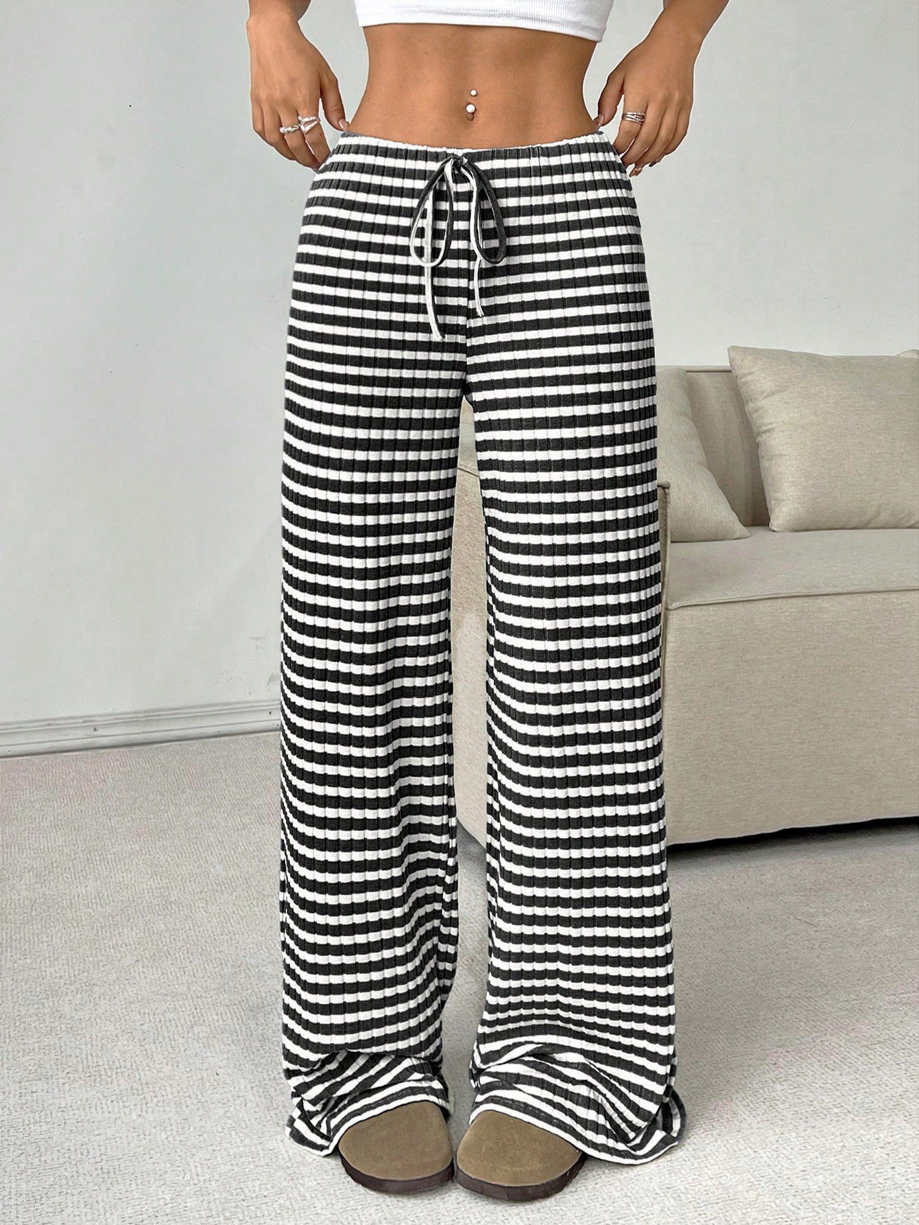 Pantalons Femmes Rayé Décontracté Printemps / Automne Naturel Micro-élasticité Quotidien Ample Droit Régulier