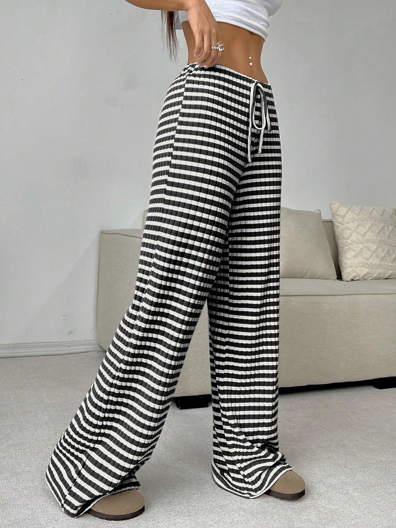 Pantalons Femmes Rayé Décontracté Printemps / Automne Naturel Micro-élasticité Quotidien Ample Droit Régulier