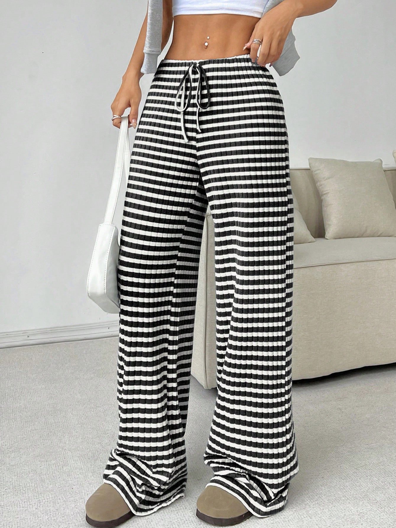 Pantalons Femmes Rayé Décontracté Printemps / Automne Naturel Micro-élasticité Quotidien Ample Droit Régulier