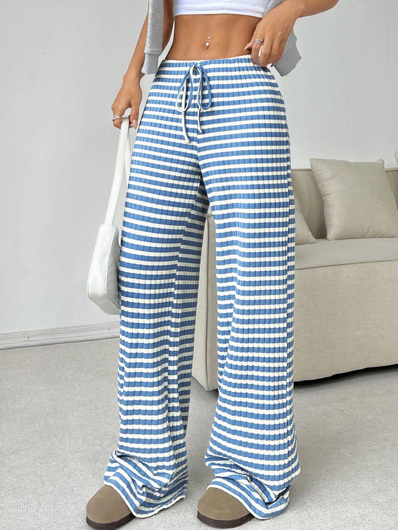 Pantalons Femmes Rayé Décontracté Printemps / Automne Naturel Micro-élasticité Quotidien Ample Droit Régulier