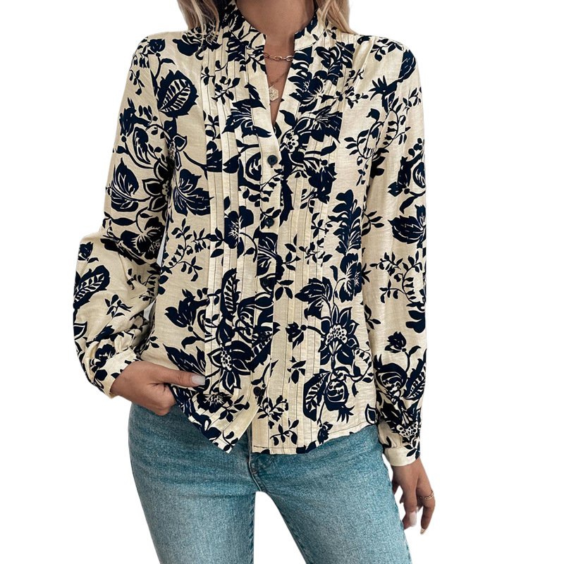 Chemises Femmes Décontracté Floral Printemps / Automne Polyester Col Montant Naturel Aucune élasticité Quotidien Manches Longues