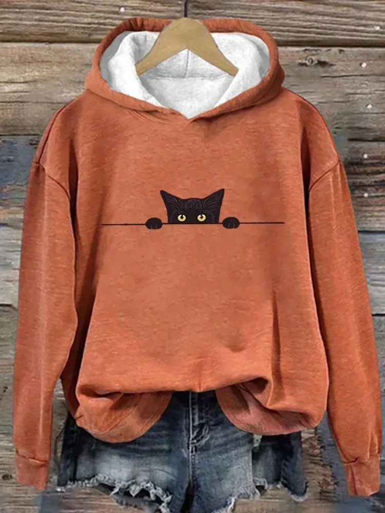 à Capuche Femmes Décontracté Printemps / Automne Chat Coton Sweat-shirt à Capuche Micro-élasticité Ample Régulier Droit