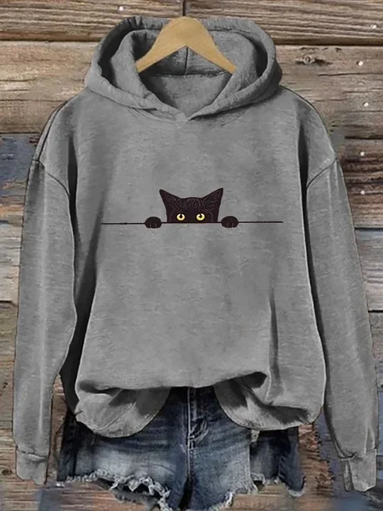 à Capuche Femmes Décontracté Printemps / Automne Chat Coton Sweat-shirt à Capuche Micro-élasticité Ample Régulier Droit