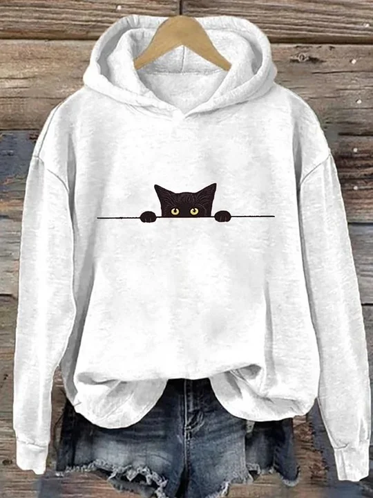 à Capuche Femmes Décontracté Printemps / Automne Chat Coton Sweat-shirt à Capuche Micro-élasticité Ample Régulier Droit