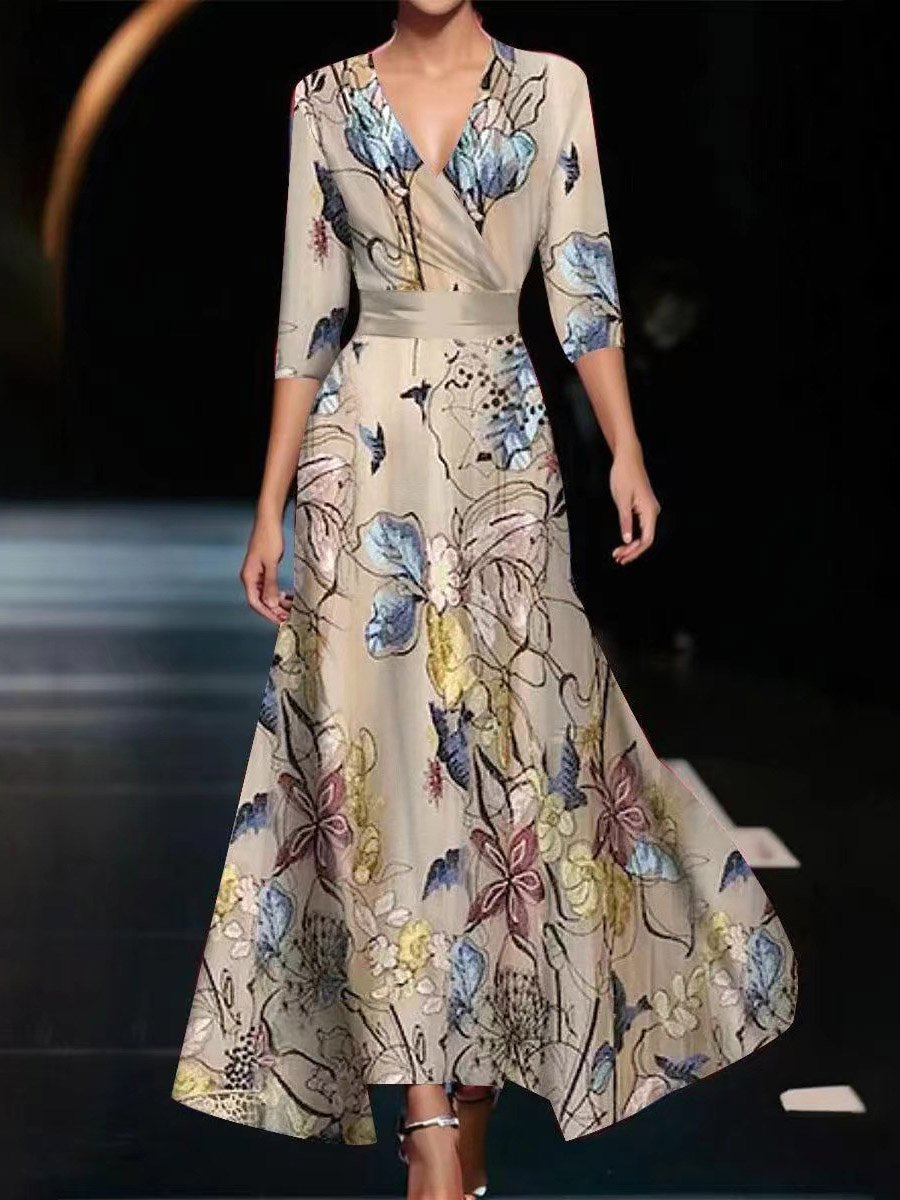 Robes Décontracté Floral Été Polyester Col V Quotidien Maxi Demi Manche Élasticité moyenne pour Femmes