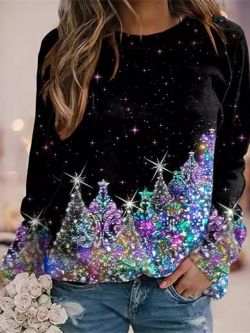 Sweat-shirts Décontracté Printemps / Automne Noël Polyester Aucune élasticité Fête Ample Col Rond Droit pour Femmes