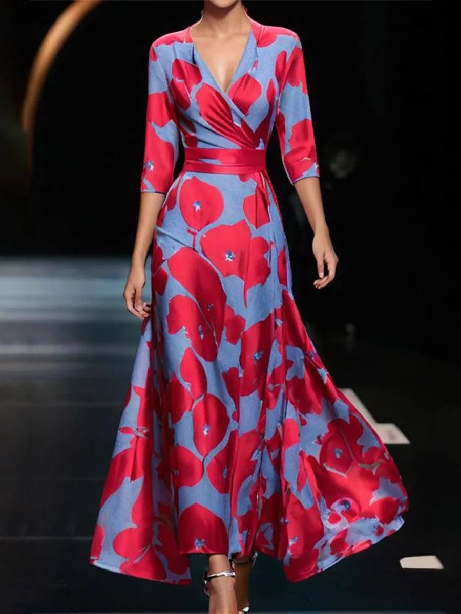 Robes Décontracté Floral Été Polyester Col V Quotidien Maxi Demi Manche Élasticité moyenne pour Femmes