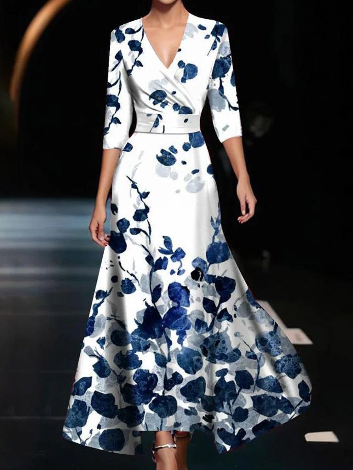 Robes Décontracté Floral Été Polyester Col V Quotidien Maxi Demi Manche Élasticité moyenne pour Femmes