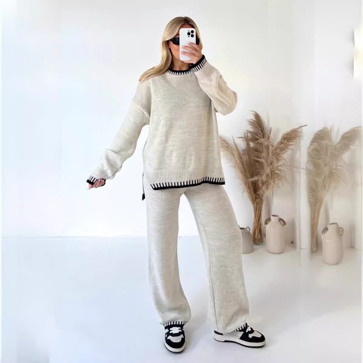 Deux Pièces Ensembles Femmes Décontracté Plain Printemps / Automne Naturel Micro-élasticité Quotidien Manches Longues Fil/fil de laine Droit