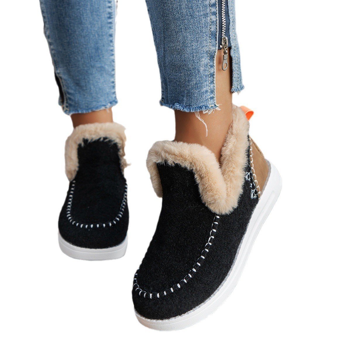 Rembourré de Coton Bottes Simple Plain Hiver Domestique Bottes de Neige Talon Bas Bout Rond PU à Enfiler pour Femmes