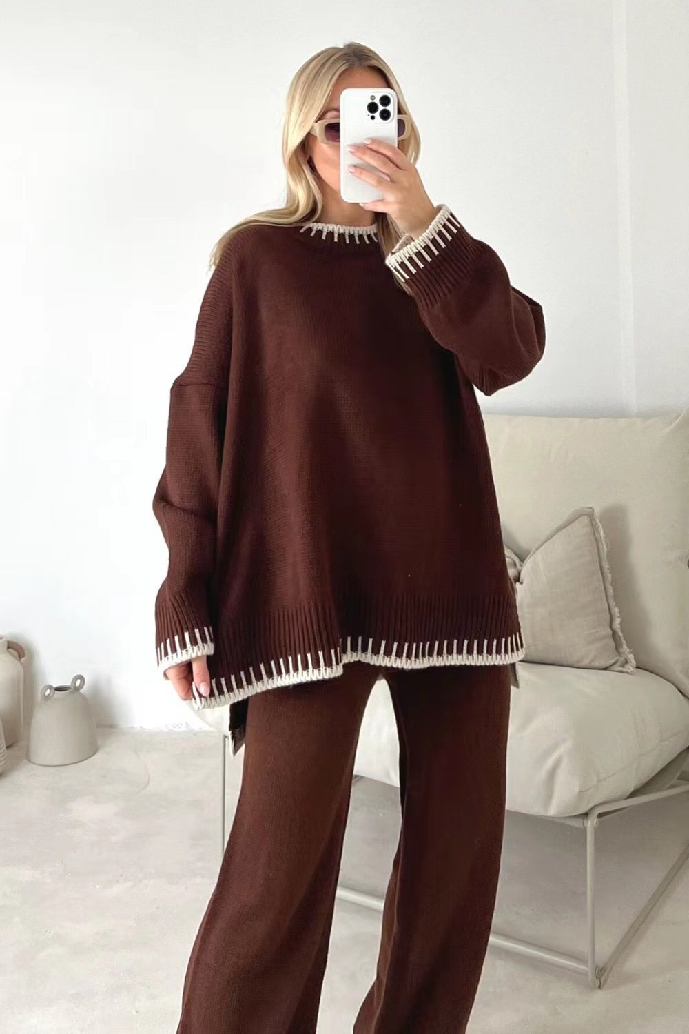 Deux Pièces Ensembles Femmes Décontracté Plain Printemps / Automne Naturel Micro-élasticité Quotidien Manches Longues Fil/fil de laine Droit