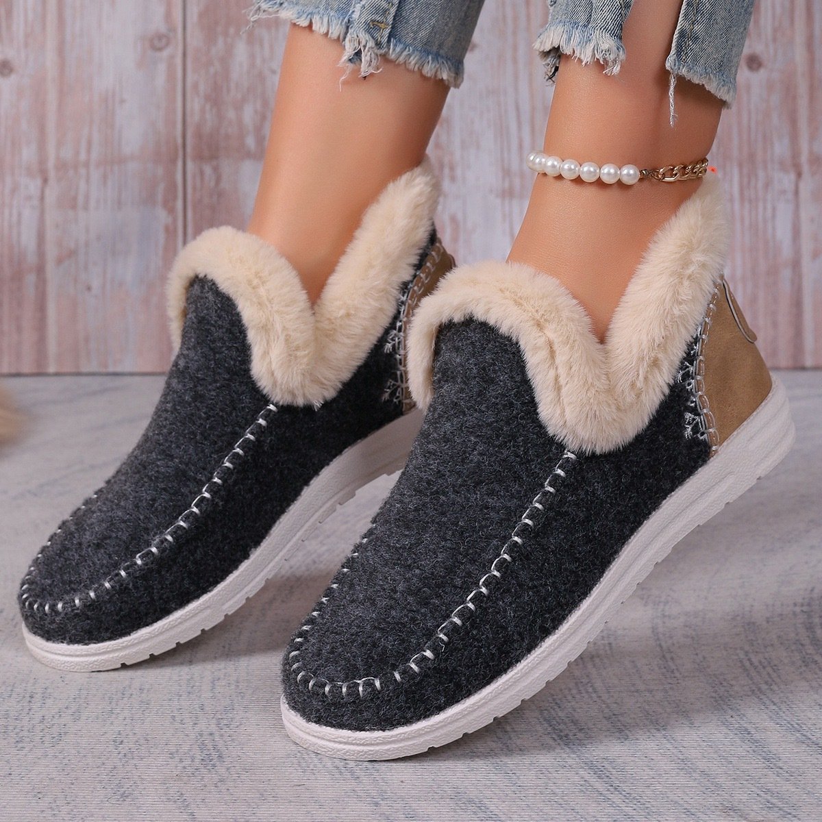 Rembourré de Coton Bottes Simple Plain Hiver Domestique Bottes de Neige Talon Bas Bout Rond PU à Enfiler pour Femmes