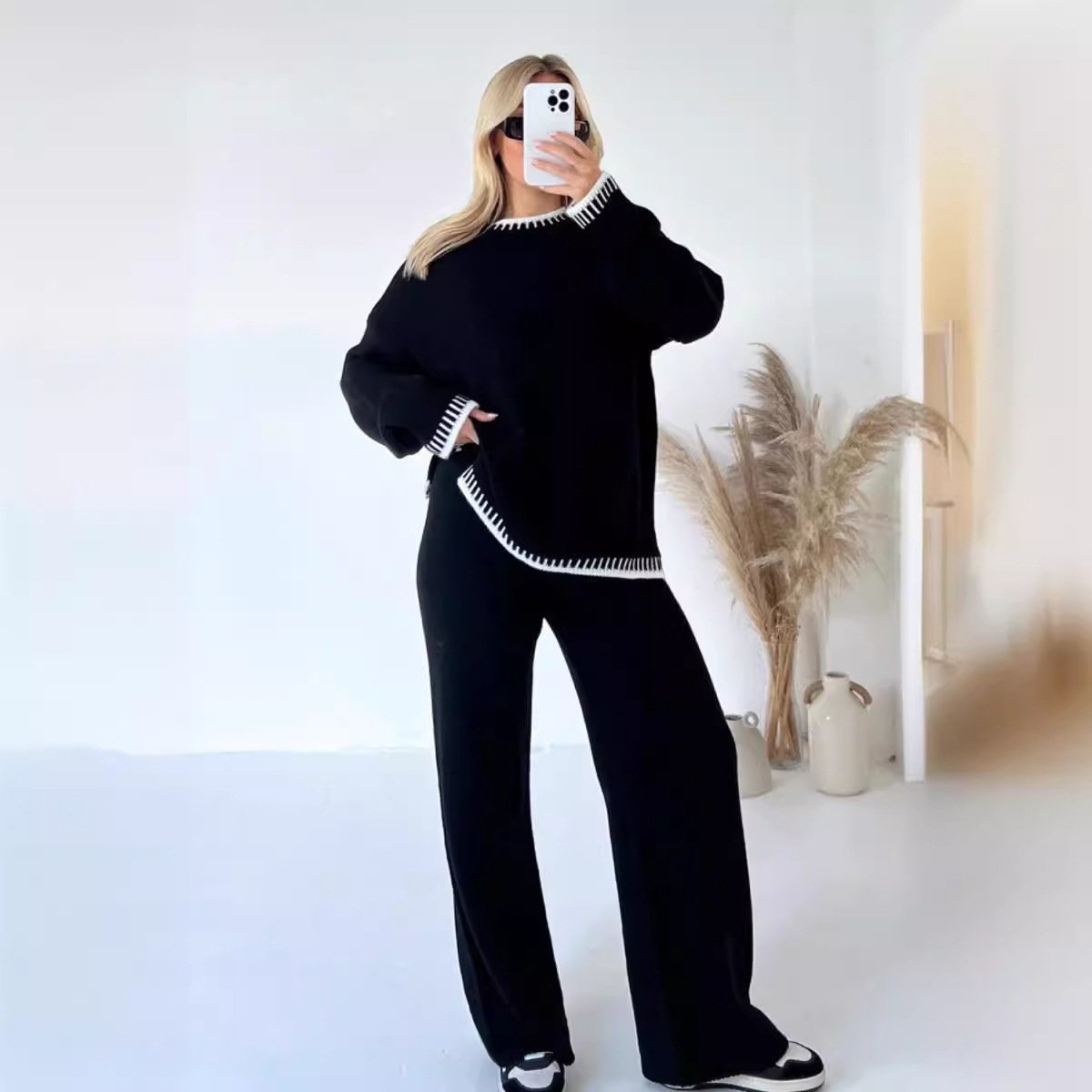 Deux Pièces Ensembles Femmes Décontracté Plain Printemps / Automne Naturel Micro-élasticité Quotidien Manches Longues Fil/fil de laine Droit