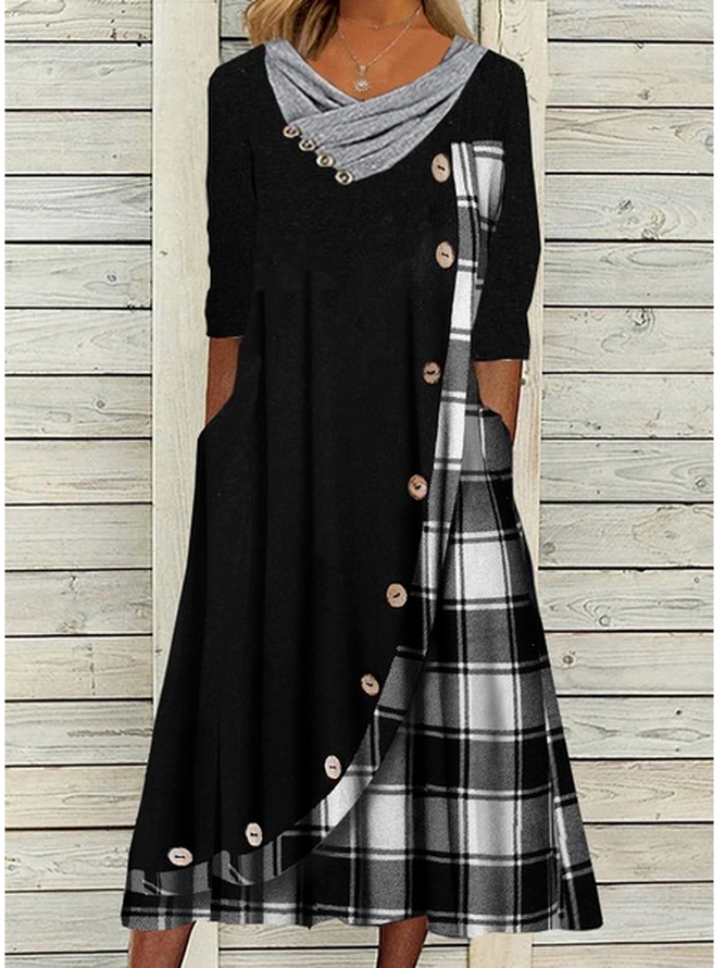 Robes Décontracté Printemps / Automne Plaid Micro-élasticité Quotidien Ample Maxi Manches Longues Régulier pour Femmes