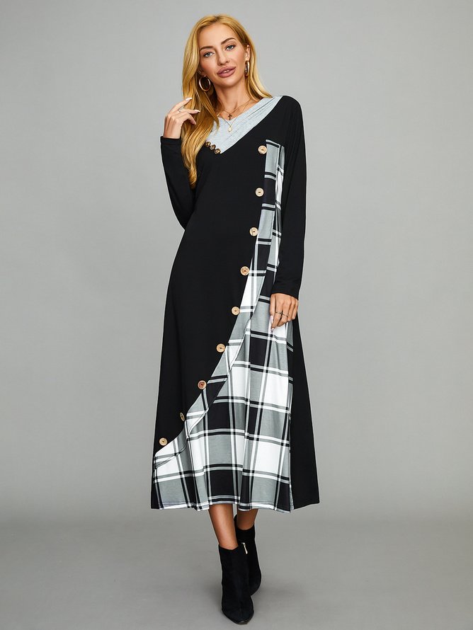 Robes Décontracté Printemps / Automne Plaid Micro-élasticité Quotidien Ample Maxi Manches Longues Régulier pour Femmes