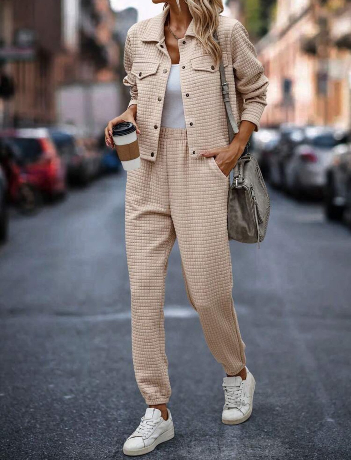 Deux Pièces Ensembles Femmes Décontracté Plain Printemps / Automne Naturel Micro-élasticité Jersey Col Châle Top Avec Pantalons Droit
