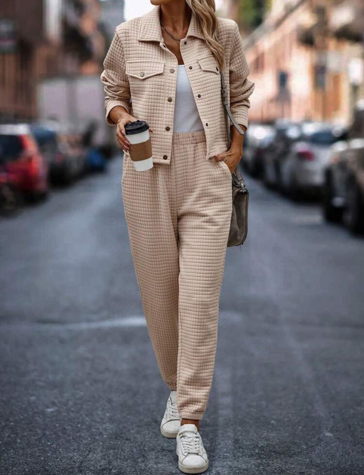 Deux Pièces Ensembles Femmes Décontracté Plain Printemps / Automne Naturel Micro-élasticité Jersey Col Châle Top Avec Pantalons Droit