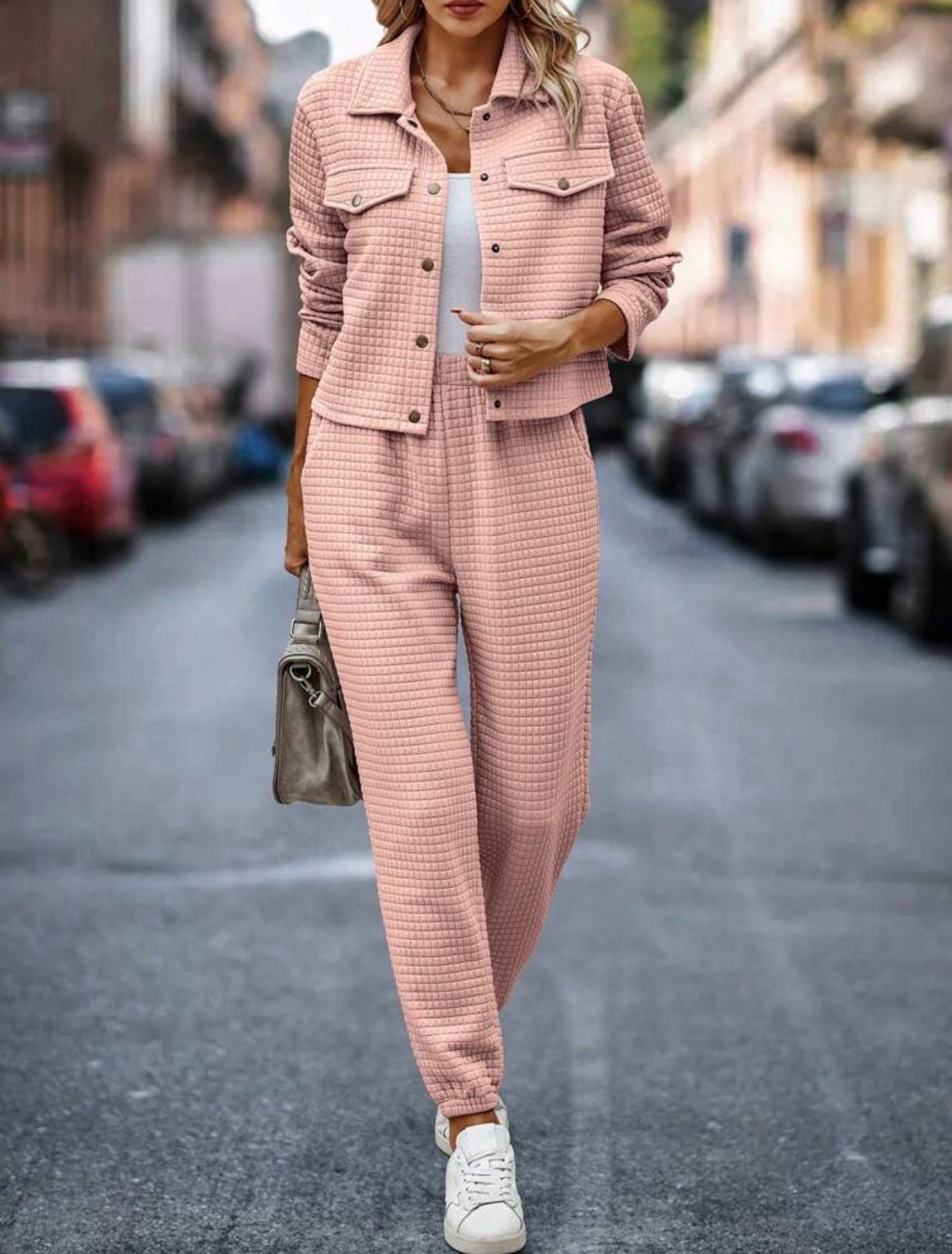 Deux Pièces Ensembles Femmes Décontracté Plain Printemps / Automne Naturel Micro-élasticité Jersey Col Châle Top Avec Pantalons Droit