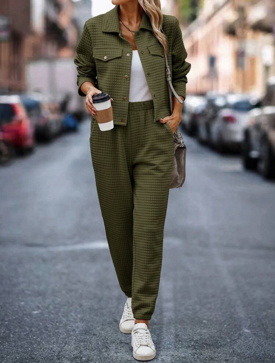 Deux Pièces Ensembles Femmes Décontracté Plain Printemps / Automne Naturel Micro-élasticité Jersey Col Châle Top Avec Pantalons Droit