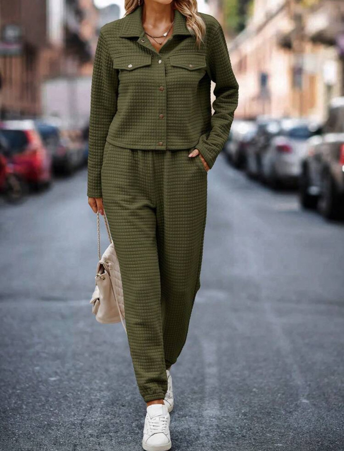 Deux Pièces Ensembles Femmes Décontracté Plain Printemps / Automne Naturel Micro-élasticité Jersey Col Châle Top Avec Pantalons Droit