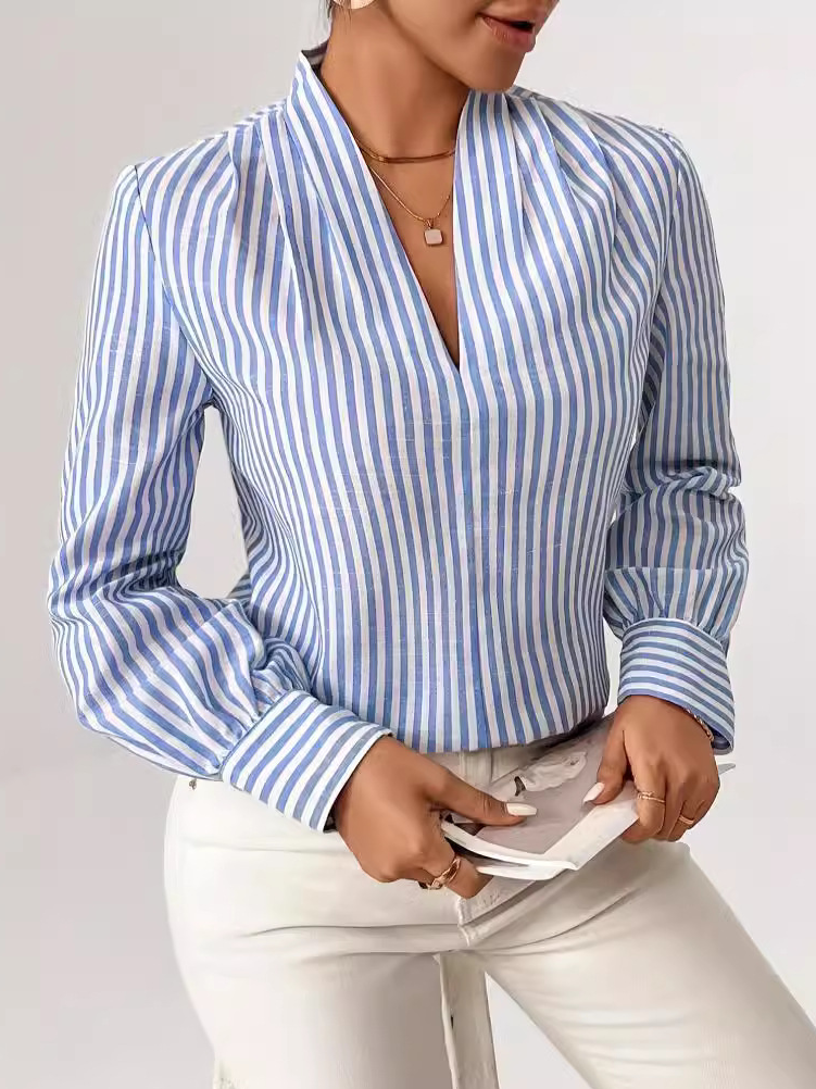 Chemisiers1 Rayé Décontracté Printemps / Automne Polyester Col V Quotidien Ample Régulier Régulier pour Femmes
