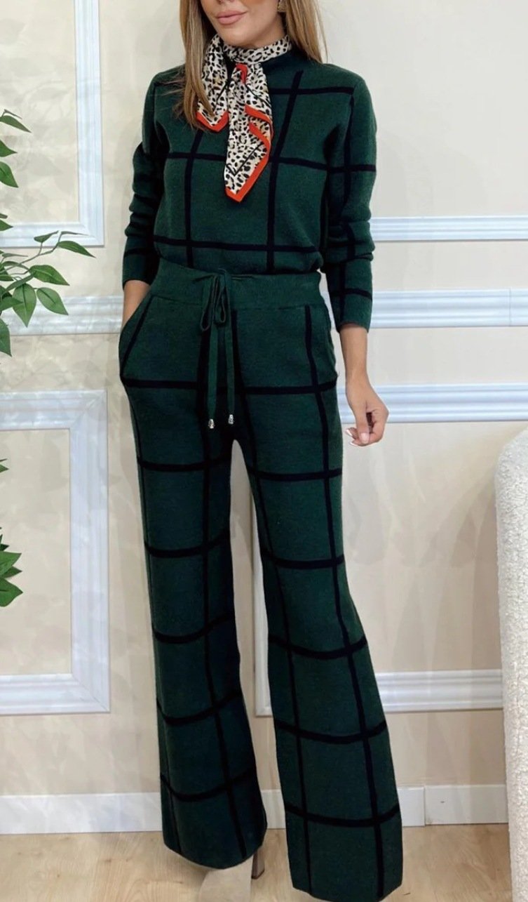 Deux Pièces Ensembles Décontracté Printemps / Automne Plaid Naturel Quotidien Manches Longues Entaillé Top Avec Pantalons Régulier pour Femmes