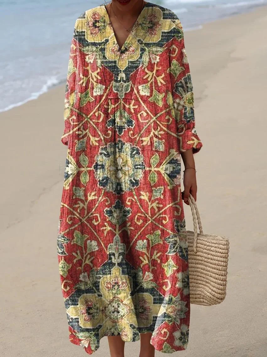 Robes Femmes Boho Printemps / Automne impression en 3D Polyester Col V Naturel Vacances Manches Longues Non