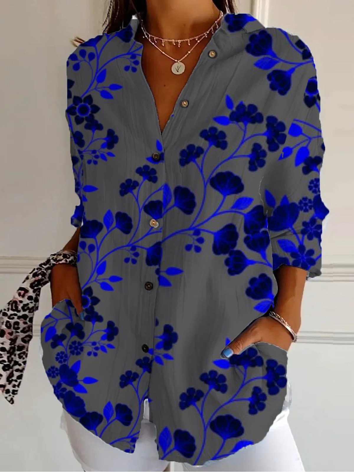 Chemises Femmes Décontracté Floral Printemps / Automne Aucune élasticité Quotidien Manches Longues Régulier Régulier Col de Chemise
