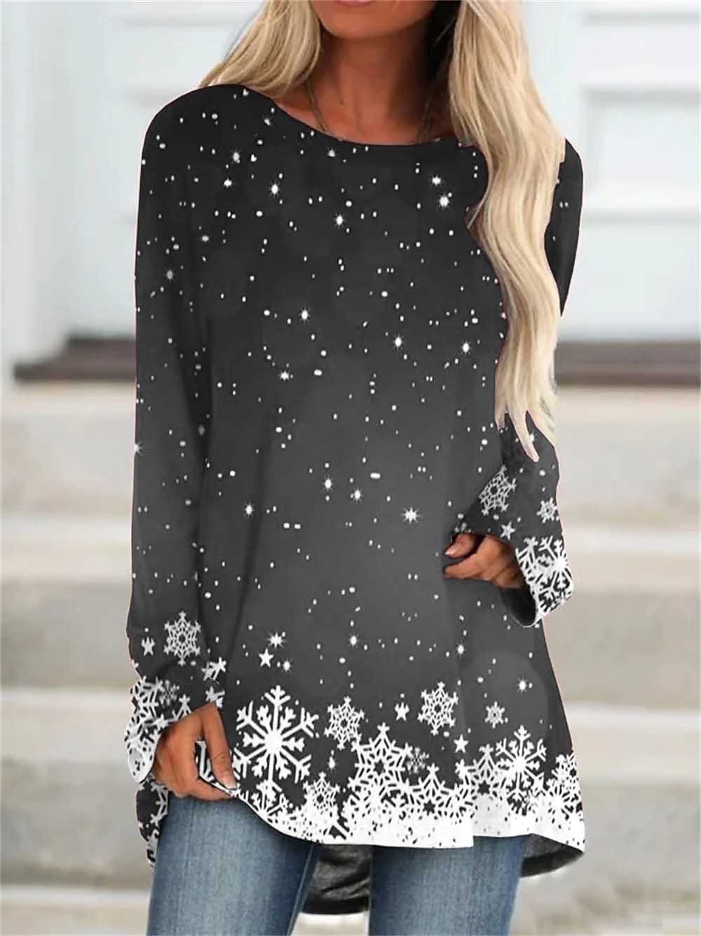 T-shirts Femmes Décontracté Printemps / Automne Flocon de Neige Polyester Micro-élasticité Manches Longues Col Rond Mi-long Régulier