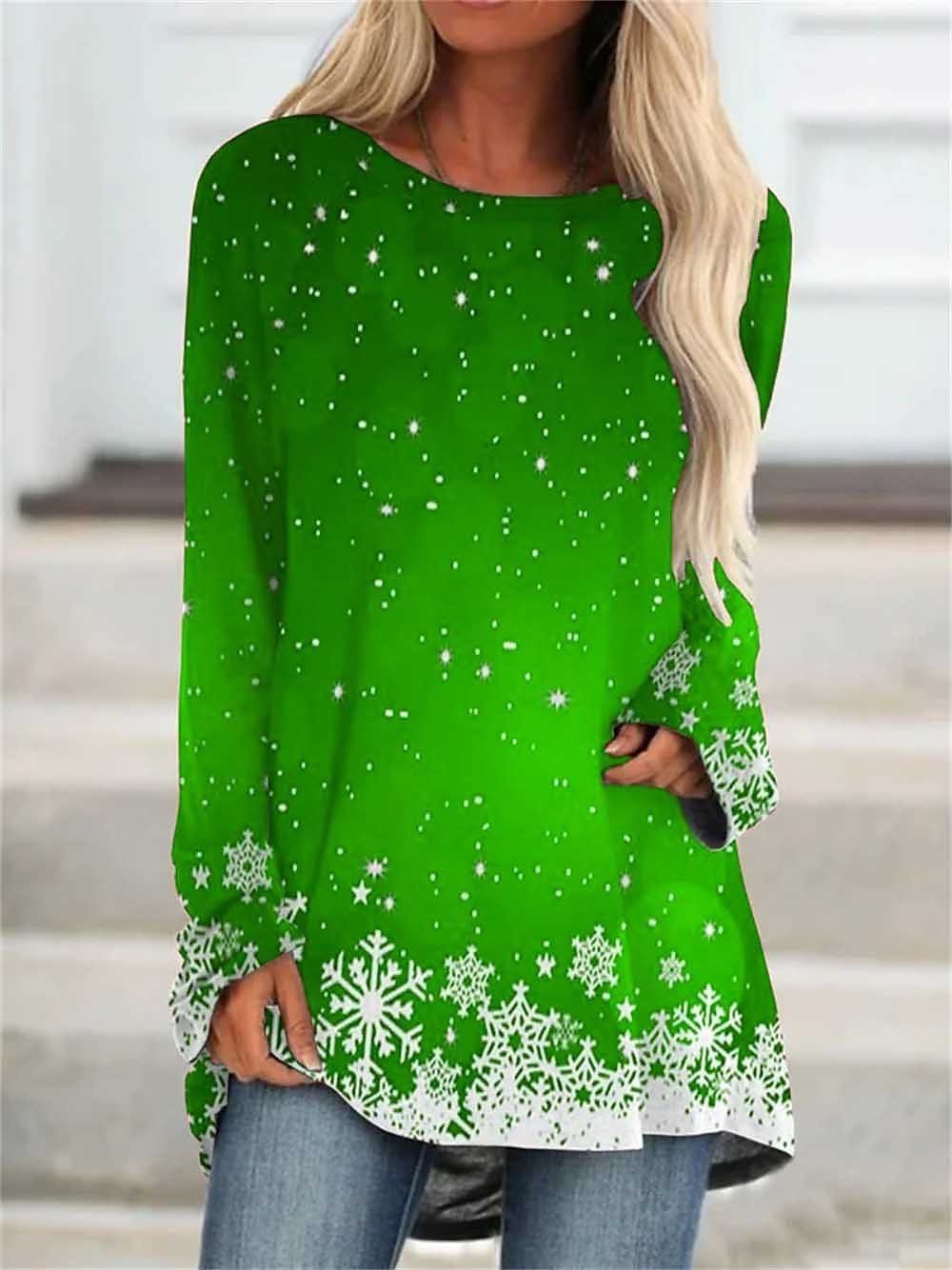 T-shirts Femmes Décontracté Printemps / Automne Flocon de Neige Polyester Micro-élasticité Manches Longues Col Rond Mi-long Régulier