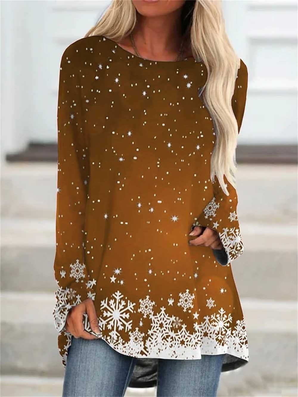 T-shirts Femmes Décontracté Printemps / Automne Flocon de Neige Polyester Micro-élasticité Manches Longues Col Rond Mi-long Régulier