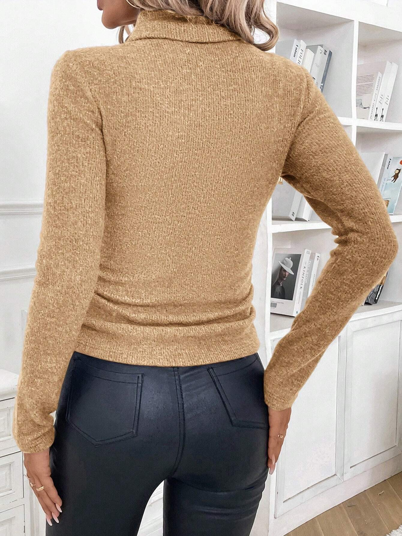 Pulls Simple Plain Hiver Poids lourd à Haute Élasticité Thermique Coupe Régulière Manches Longues Faux Col pour Femmes