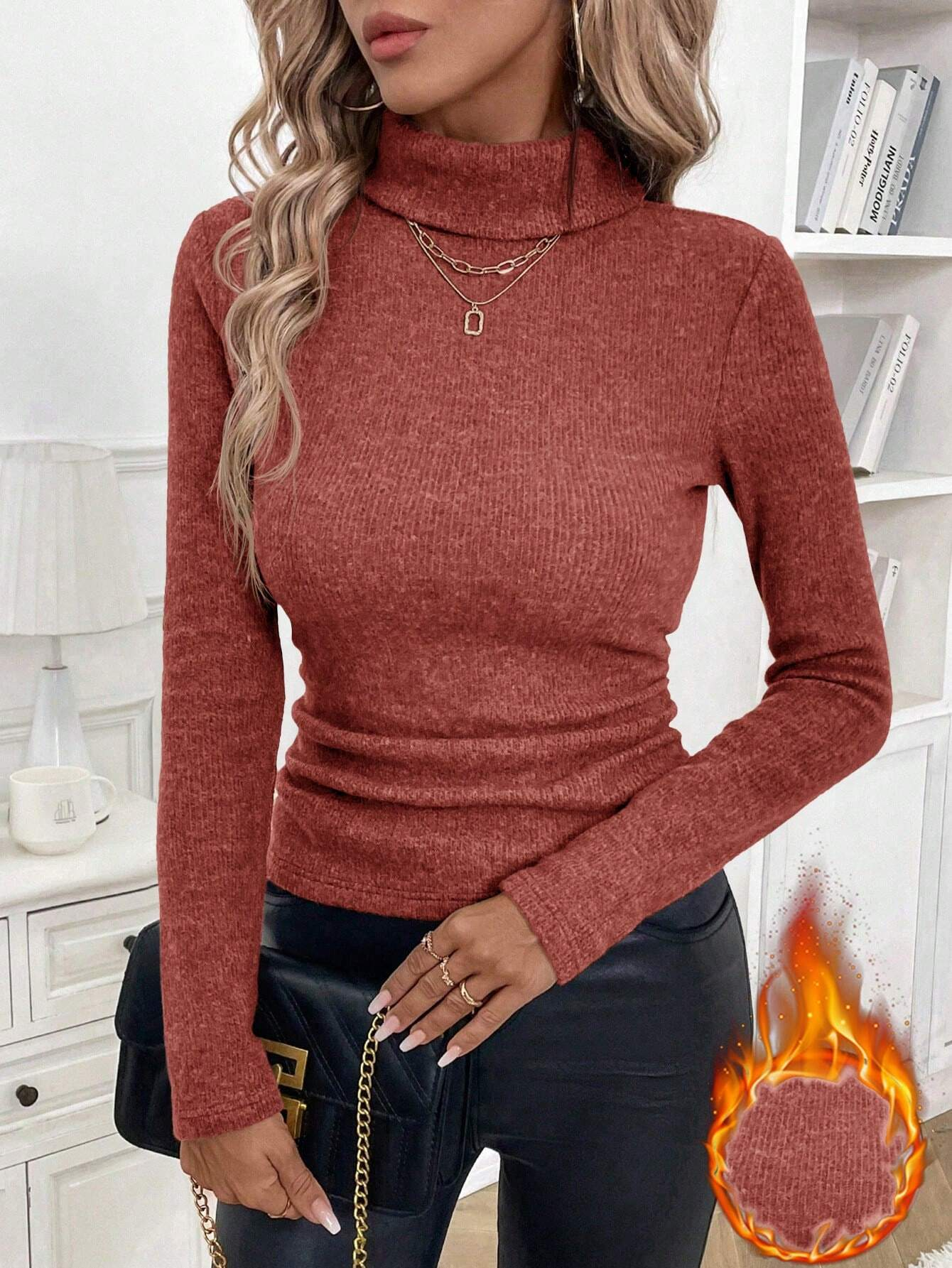 Pulls Simple Plain Hiver Poids lourd à Haute Élasticité Thermique Coupe Régulière Manches Longues Faux Col pour Femmes