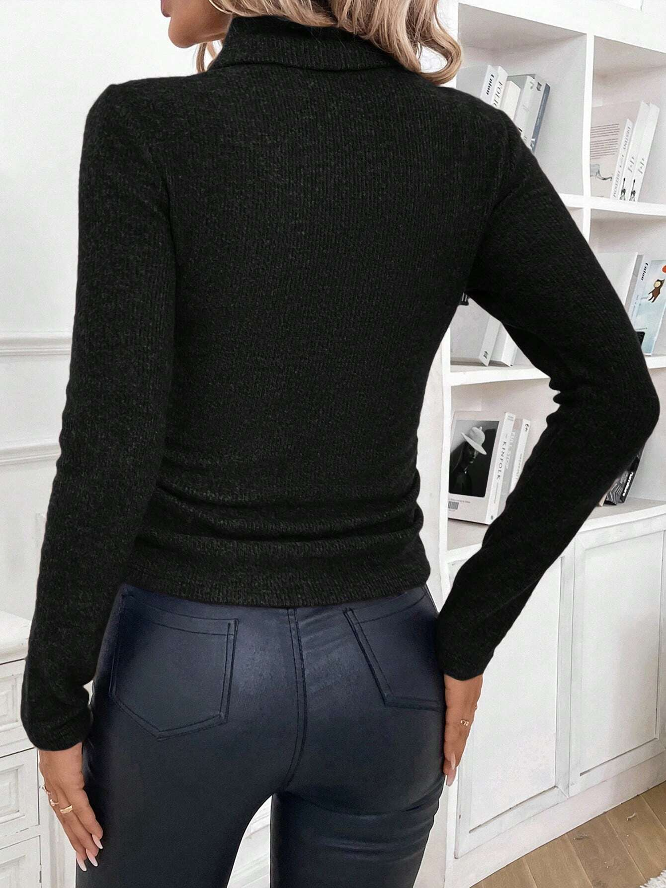 Pulls Simple Plain Hiver Poids lourd à Haute Élasticité Thermique Coupe Régulière Manches Longues Faux Col pour Femmes