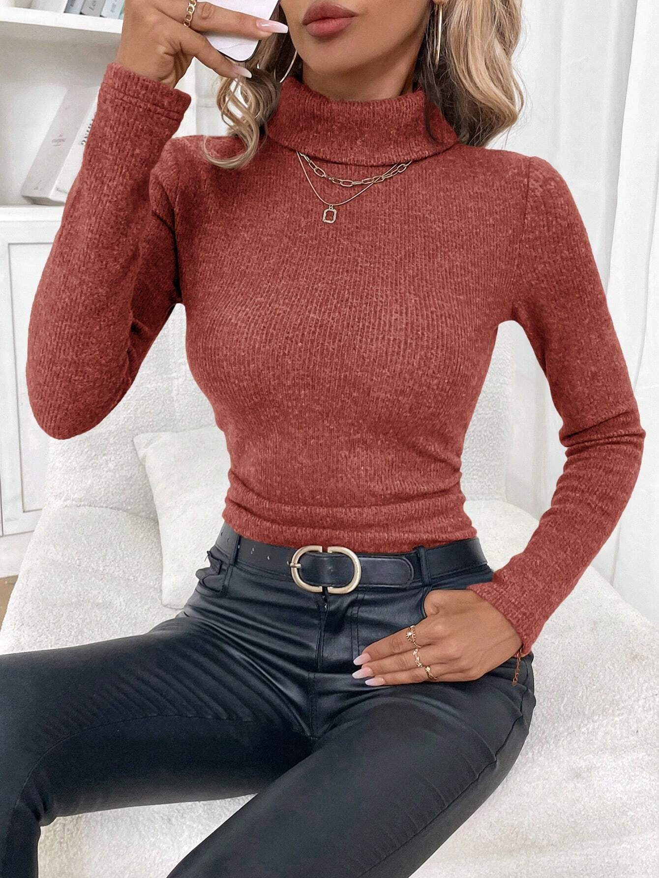 Pulls Simple Plain Hiver Poids lourd à Haute Élasticité Thermique Coupe Régulière Manches Longues Faux Col pour Femmes