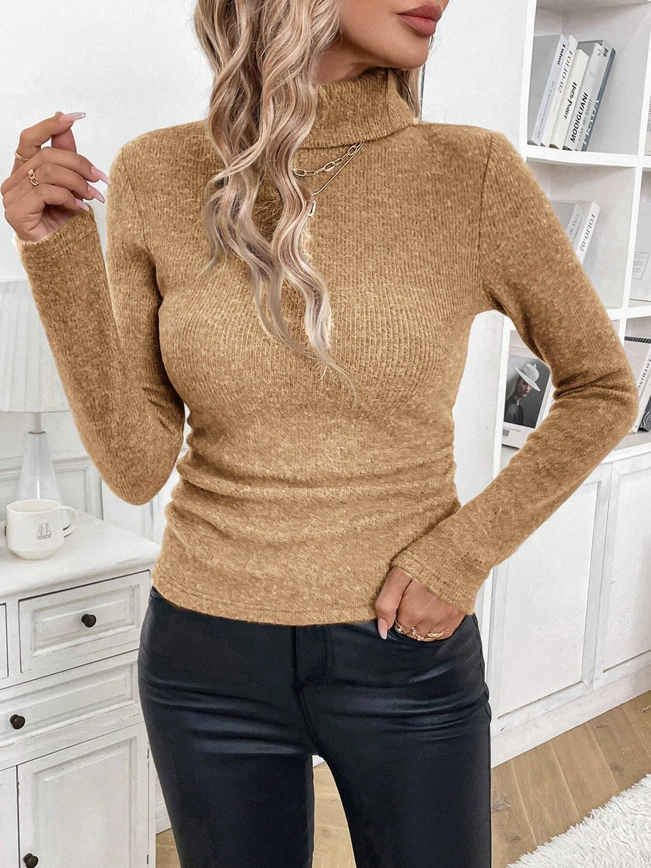 Pulls Simple Plain Hiver Poids lourd à Haute Élasticité Thermique Coupe Régulière Manches Longues Faux Col pour Femmes