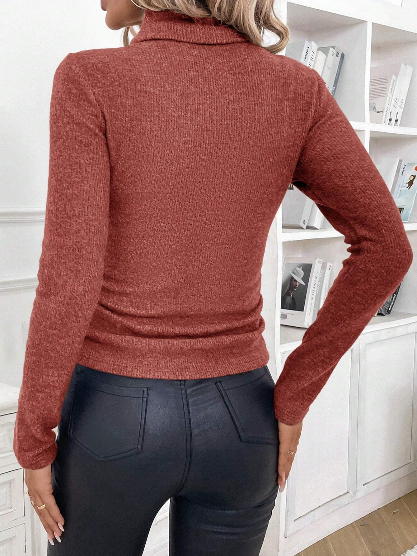 Pulls Simple Plain Hiver Poids lourd à Haute Élasticité Thermique Coupe Régulière Manches Longues Faux Col pour Femmes