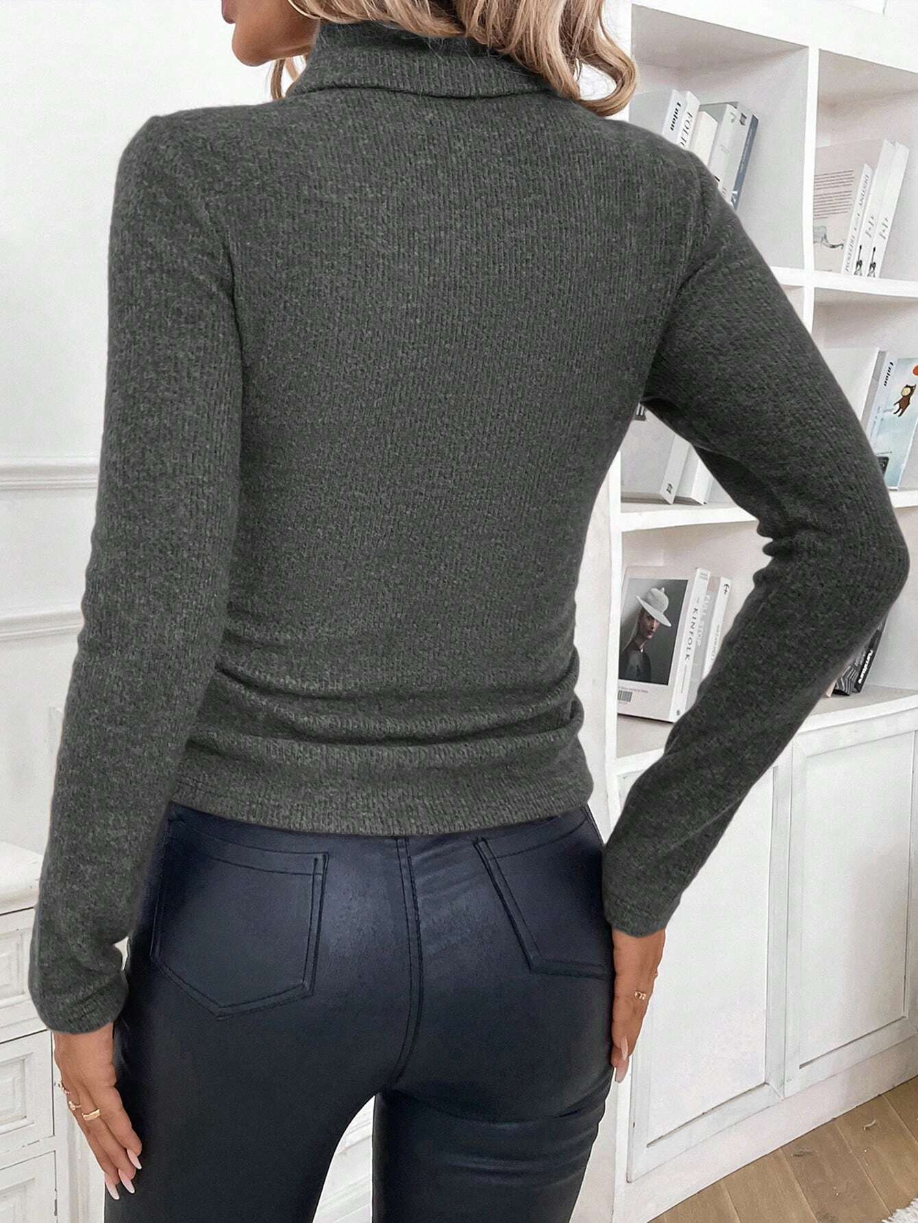 Pulls Simple Plain Hiver Poids lourd à Haute Élasticité Thermique Coupe Régulière Manches Longues Faux Col pour Femmes