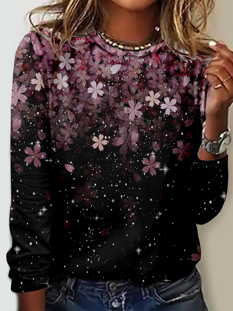 T-shirts Femmes Décontracté Floral Printemps / Automne Micro-élasticité Quotidien Jersey Manches Longues Régulier Droit