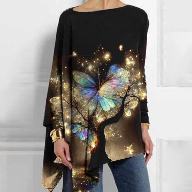 Chemisiers1 Femmes Décontracté Floral Printemps / Automne Micro-élasticité Ample Jersey Manches Longues Mi-long Droit