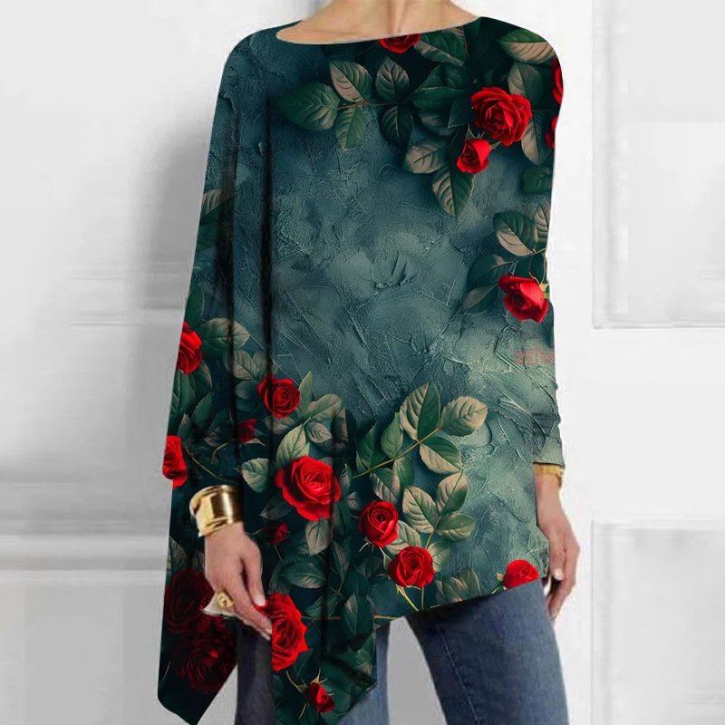 Chemisiers1 Femmes Décontracté Floral Printemps / Automne Micro-élasticité Ample Jersey Manches Longues Mi-long Droit