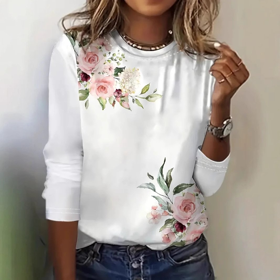 T-shirts Femmes Décontracté Floral Printemps / Automne Micro-élasticité Quotidien Jersey Noël Col Rond Régulier